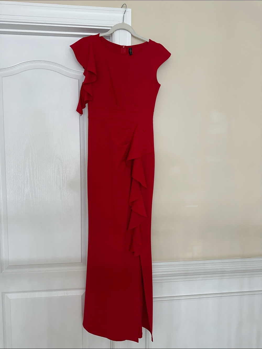 Red Ruffle-Front Maxi Dress with Cap Sleeves